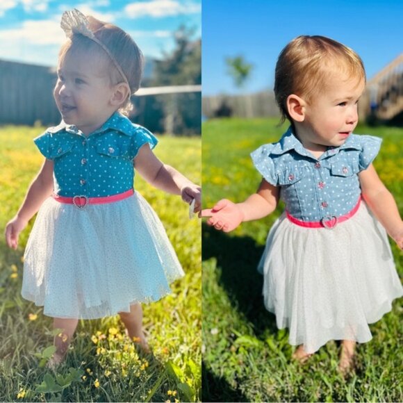 Girls Rule | Chambray Polka Dot & Tulle Twirl Dress | Size 12 Months - Picture 1 of 9